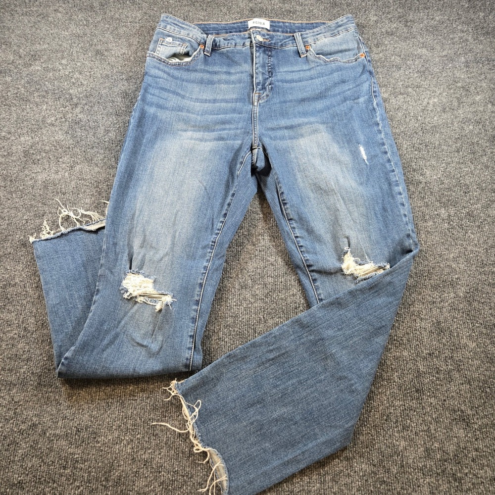 Pistola JFK Distressed Straight Leg Jeans Medium Wash Raw Hem 14W P61707JFK-SND